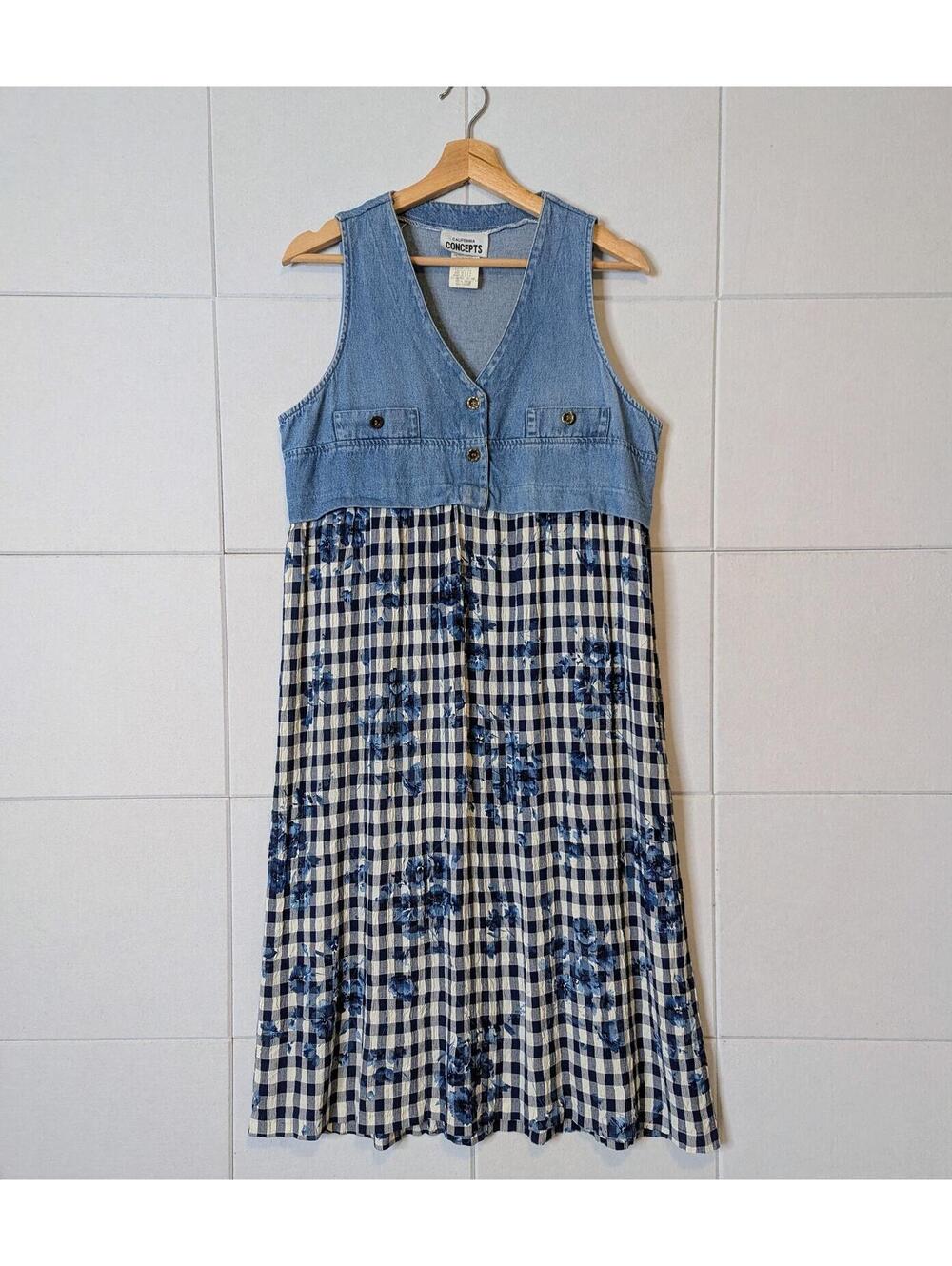 Vintage 90s cottagecore denim & gingham midi dress